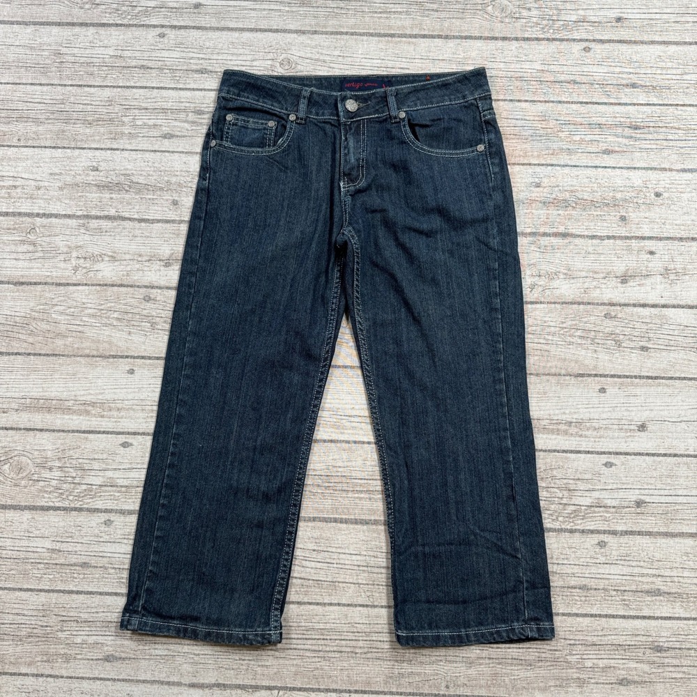 Vertigo Jeans Women's 30 Blue Dark Wash Cropped Denim Straight Leg Embellished